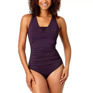 Lands' End XL Purple Crossback Ruched Tummy Flattering One Piece Swimsuit NWT